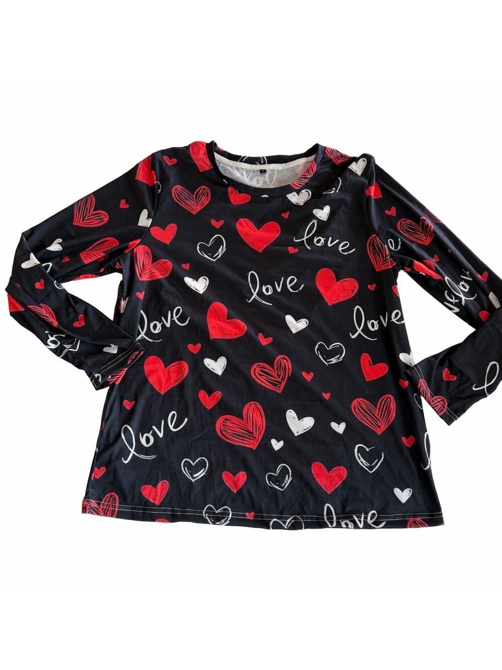 Women's Black and Red Heart Love Themed Long Sleeve Top Size XL #260457